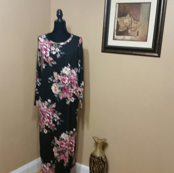 Oddy Black Floral Long Sleeve Maxi Dress w Pockets - Picture 2 of 9
